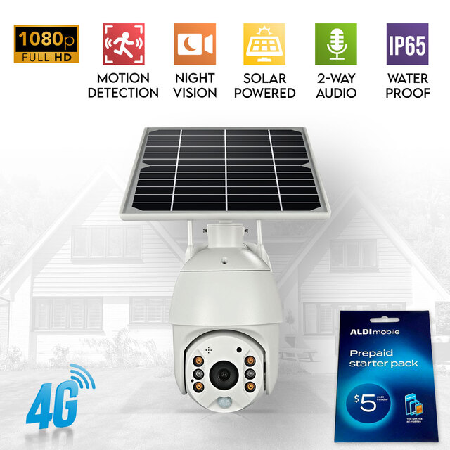 Elinz Wireless Solar Security 4G IP 1080P PTZ Camera CCTV Waterproof Built-in Battery ALDI Sim