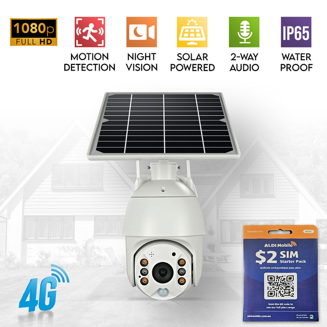 Elinz Wireless Solar Security 4G IP 1080P PTZ Camera CCTV Waterproof Built-in Battery ALDI Sim