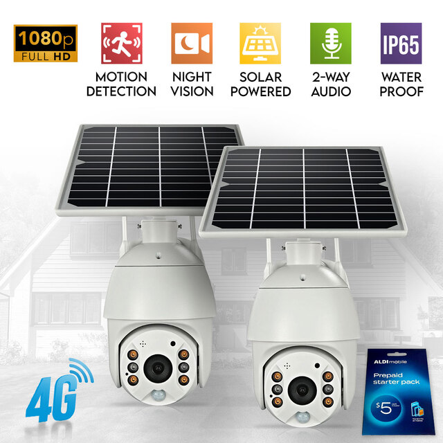 2x Elinz Wireless Solar Security 4G IP 1080P PTZ Camera CCTV Waterproof Built-in Battery ALDI Sim