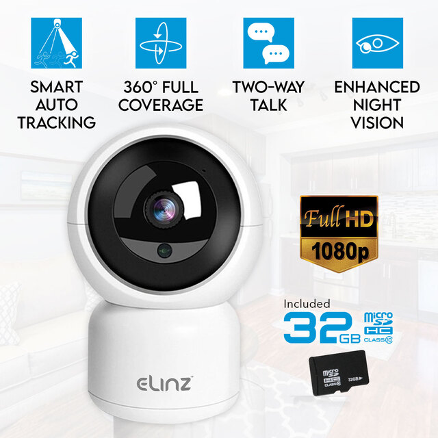 Elinz Smart Auto Tracking WiFi IP Security Camera 1080P HD Wireless Pan Tilt CCTV White 32GB