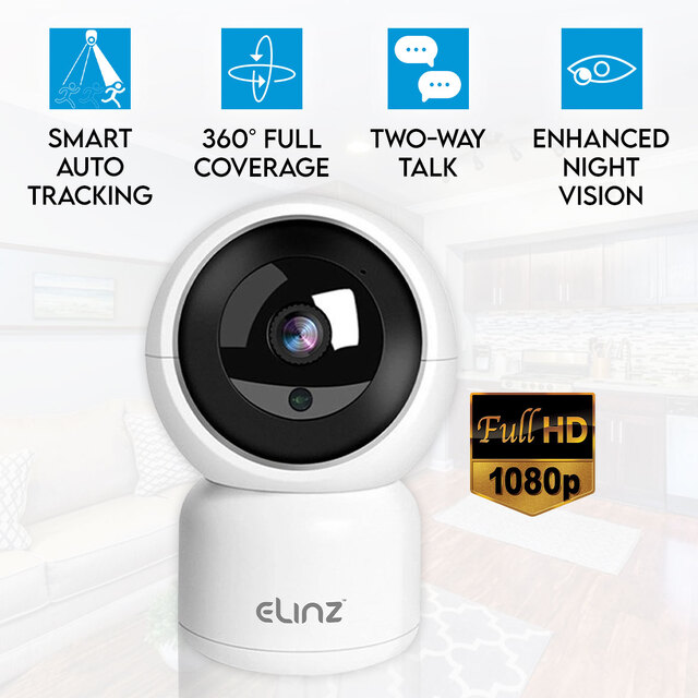 Elinz Smart Auto Tracking WiFi IP Security Camera 1080P HD Wireless Pan Tilt CCTV White