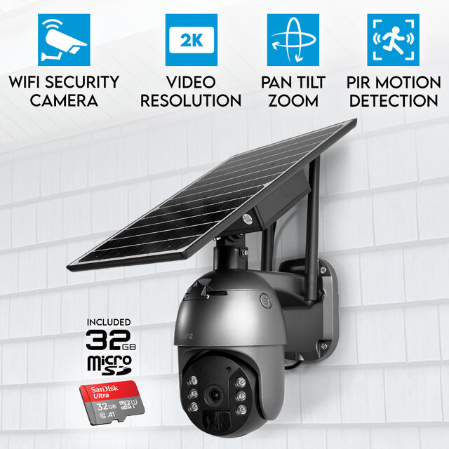 Elinz WiFi Security Camera 3MP 2K Resolution PTZ Outdoor IP65 Solar Battery Powered CCTV 32GB