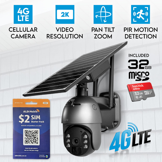 Elinz 4G LTE Cellular Security Camera 3MP 2K Resolution PTZ Outdoor IP65 Solar Battery Powered CCTV 32GB ALDI Sim