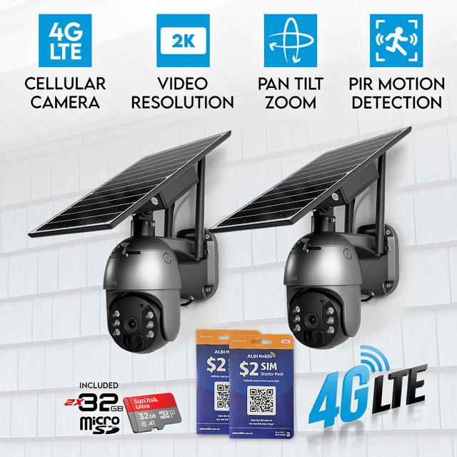 2x Elinz 4G LTE Cellular Security Camera 3MP 2K PTZ Outdoor IP65 Solar Battery Powered CCTV 32GB ALDI Sim