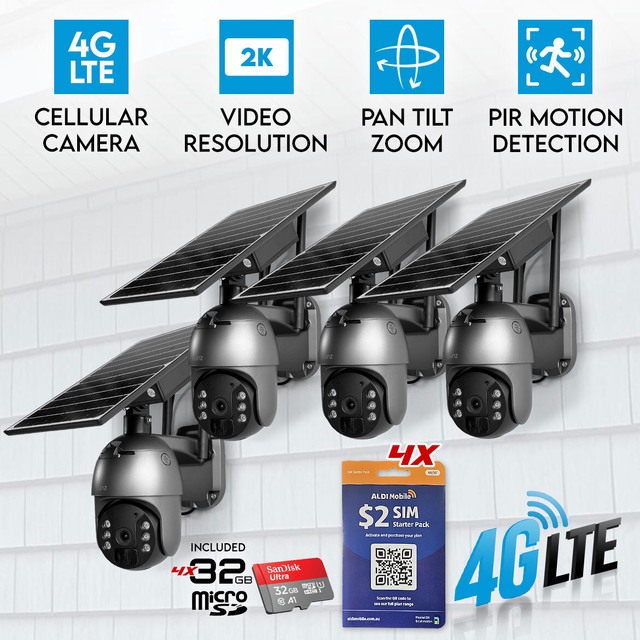 4x Elinz 4G LTE Cellular Security Camera 3MP 2K PTZ Outdoor IP65 Solar Battery Powered CCTV 32GB ALDI Sim