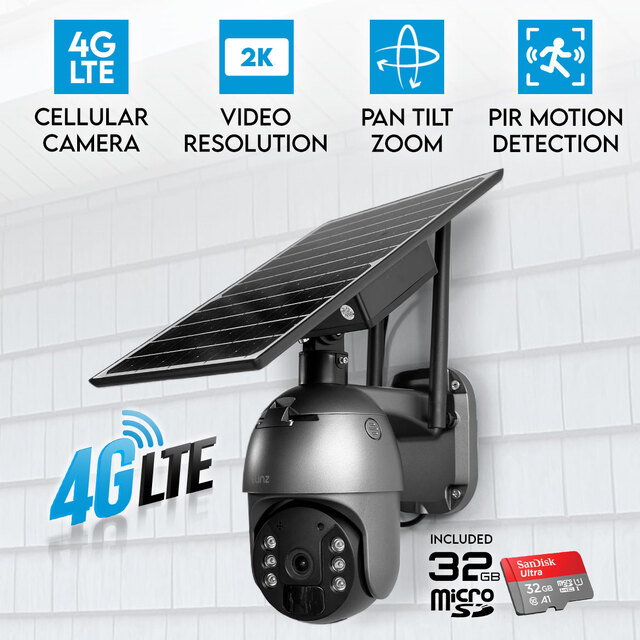 Elinz 4G LTE Cellular Security Camera 3MP 2K Resolution PTZ Outdoor IP65 Solar Battery Powered CCTV 32GB