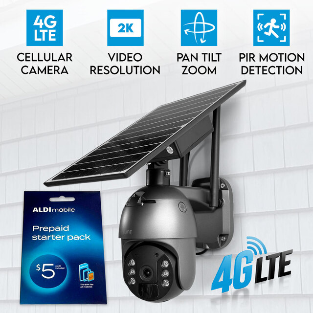 Elinz 4G LTE Cellular Security Camera 3MP 2K Resolution PTZ Outdoor IP65 Solar Battery Powered CCTV ALDI Sim