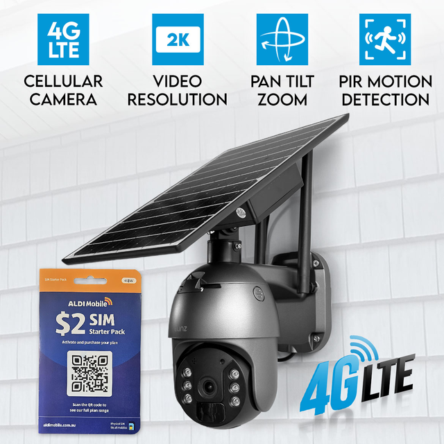 Elinz 4G LTE Cellular Security Camera 3MP 2K Resolution PTZ Outdoor IP65 Solar Battery Powered CCTV ALDI Sim