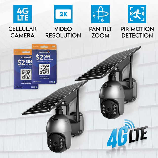 2x Elinz 4G LTE Cellular Security Camera 3MP 2K PTZ Outdoor IP65 Solar Battery Powered CCTV ALDI Sim