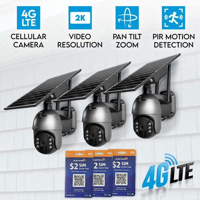3x Elinz 4G LTE Cellular Security Camera 3MP 2K PTZ Outdoor IP65 Solar Battery Powered CCTV ALDI Sim