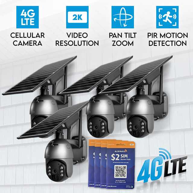 4x Elinz 4G LTE Cellular Security Camera 3MP 2K PTZ Outdoor IP65 Solar Battery Powered CCTV ALDI Sim