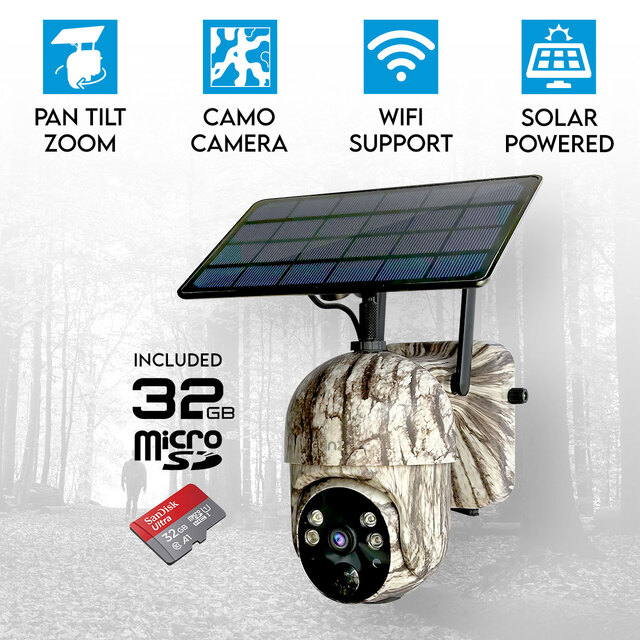 Elinz WiFi PTZ Solar Powered Camouflage Outdoor Security Camera 3MP 2K HD Resolution IP65 Home Surveillance CCTV 32GB