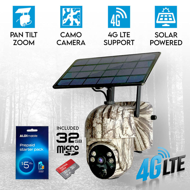 Elinz 4G Cellular PTZ Solar Powered Camouflage Outdoor Security Camera 3MP 2K HD Resolution IP65 for Trail Wildlife CCTV 32GB Aldi Sim