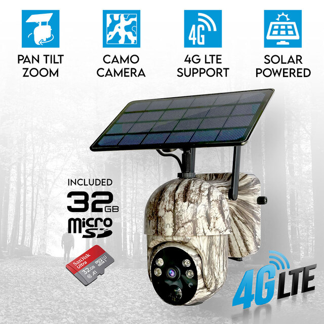 Elinz 4G Cellular PTZ Solar Powered Camouflage Outdoor Security Camera 3MP 2K HD Resolution IP65 for Trail Wildlife Surveillance CCTV 32GB