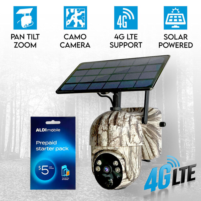 Elinz 4G Cellular PTZ Solar Powered Camouflage Outdoor Security Camera 3MP 2K HD Resolution IP65 for Trail Wildlife Surveillance CCTV Aldi Sim