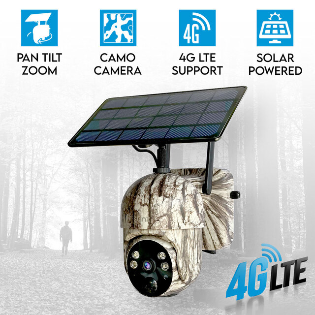 Elinz 4G Cellular PTZ Solar Powered Camouflage Outdoor Security Camera 3MP 2K HD Resolution PTZ IP65 for Trail Wildlife Surveillance CCTV