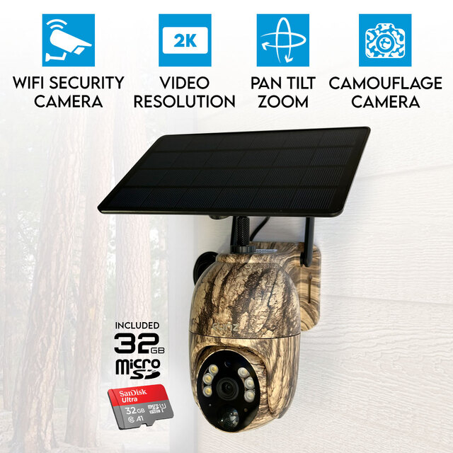 Elinz WiFi PTZ Solar Powered Camouflage Outdoor Security Camera 3MP 2K HD Resolution IP65 Home Surveillance CCTV 32GB