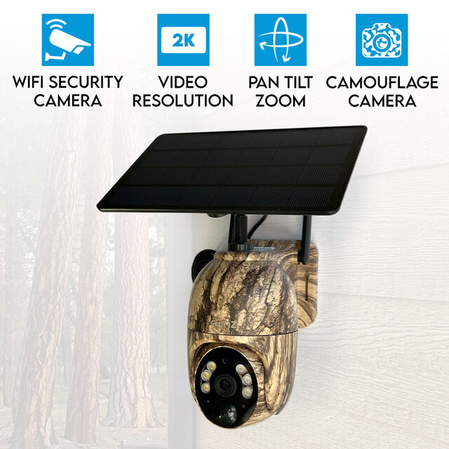 Elinz WiFi PTZ Solar Powered Camouflage Outdoor Security Camera 3MP 2K HD Resolution IP65 Home Surveillance CCTV