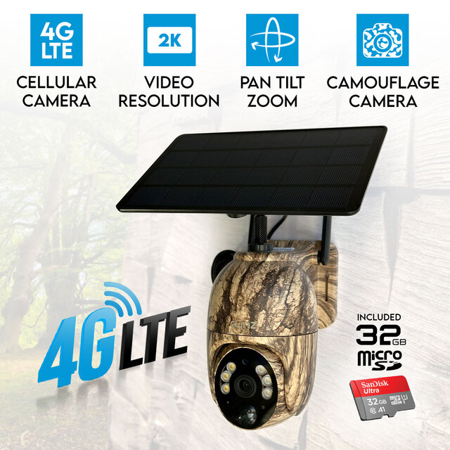 Elinz 4G Cellular PTZ Solar Powered Camouflage Outdoor Security Camera 3MP 2K HD Resolution PTZ IP65 for Trail Wildlife Surveillance CCTV 32GB