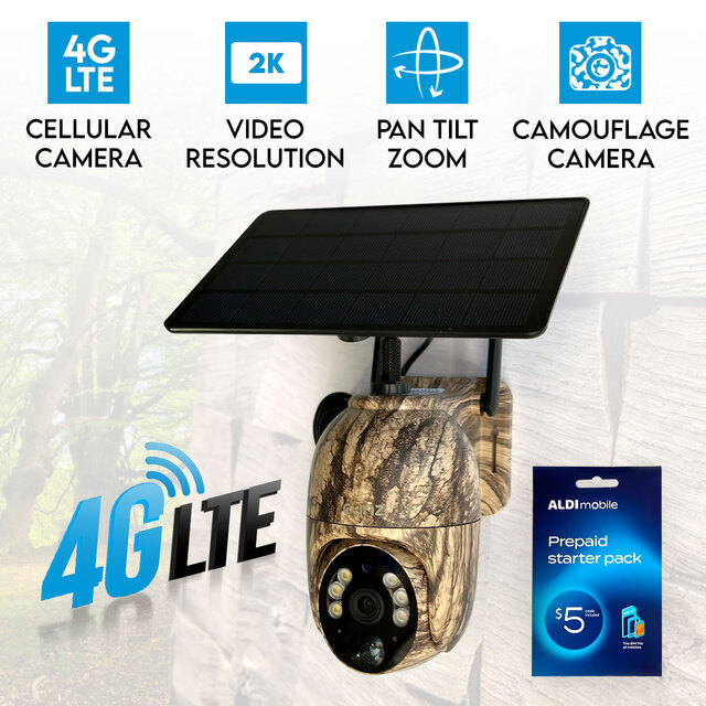 Elinz 4G Cellular PTZ Solar Powered Camouflage Outdoor Security Camera 3MP 2K HD Resolution IP65 for Trail Wildlife Surveillance CCTV Aldi