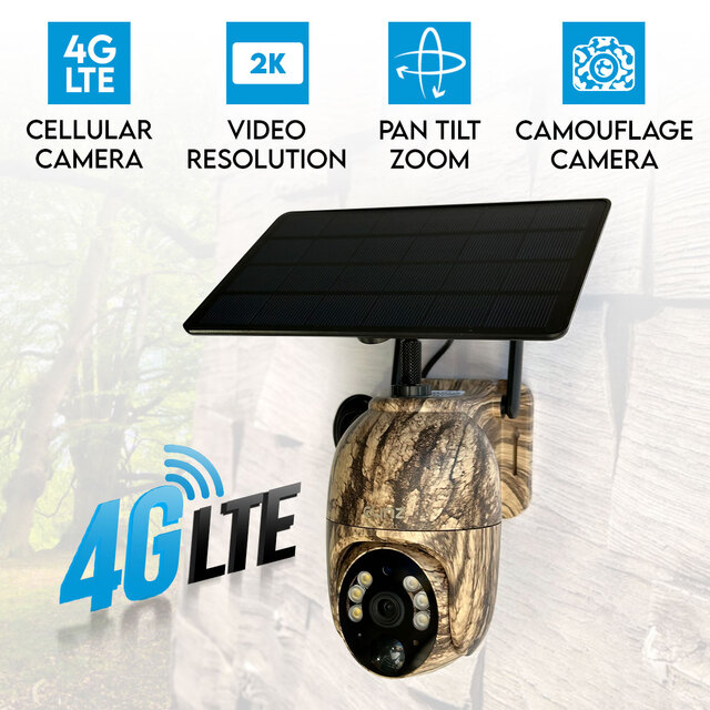 Elinz 4G Cellular PTZ Solar Powered Camouflage Outdoor Security Camera 3MP 2K HD Resolution PTZ IP65 for Trail Wildlife Surveillance CCTV