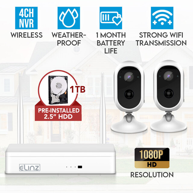 Elinz 4CH Wireless Wire-free Home Battery Security 1080P HD WiFi 2x Camera CCTV System NVR Indoor Outdoor 1TB HDD 