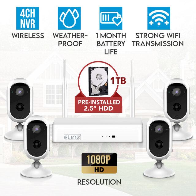 Elinz 4CH Wireless Wire-free Home Battery Security 1080P HD WiFi 4x Camera CCTV System NVR Indoor Outdoor 1TB HDD 