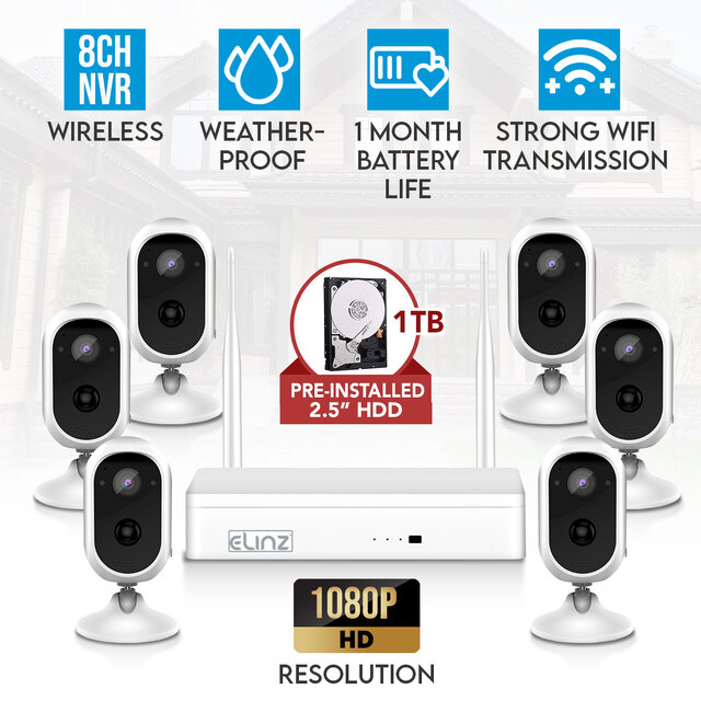 Elinz Wireless Home Battery Security 1080P HD WiFi 6x Cameras CCTV System 8CH NVR Indoor Outdoor 1TB HDD