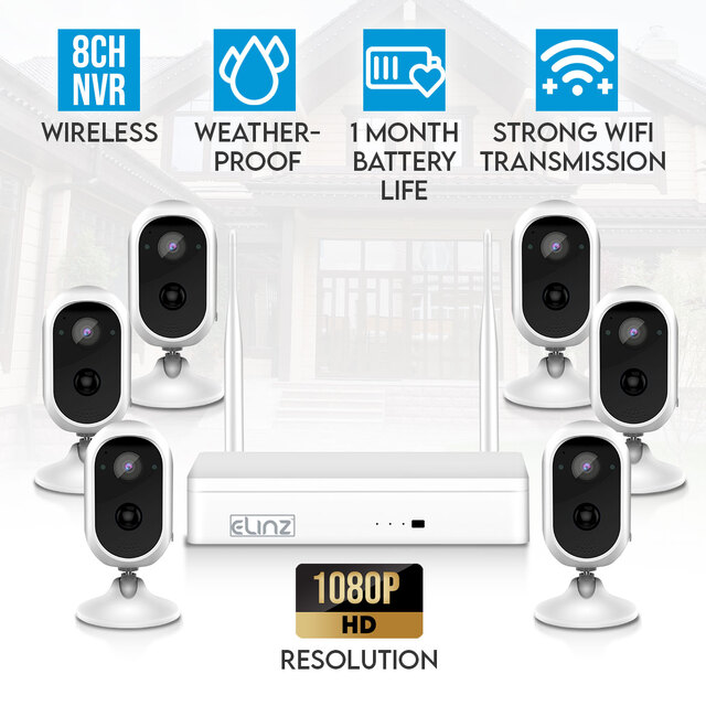 Elinz Wireless Home Battery Security 1080P HD WiFi 6x Camera CCTV System 8CH NVR Indoor Outdoor NO HDD
