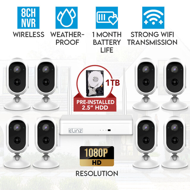 Elinz Wireless Home Battery Security 1080P HD WiFi 8x Camera CCTV System 8CH NVR Indoor Outdoor 1TB HDD