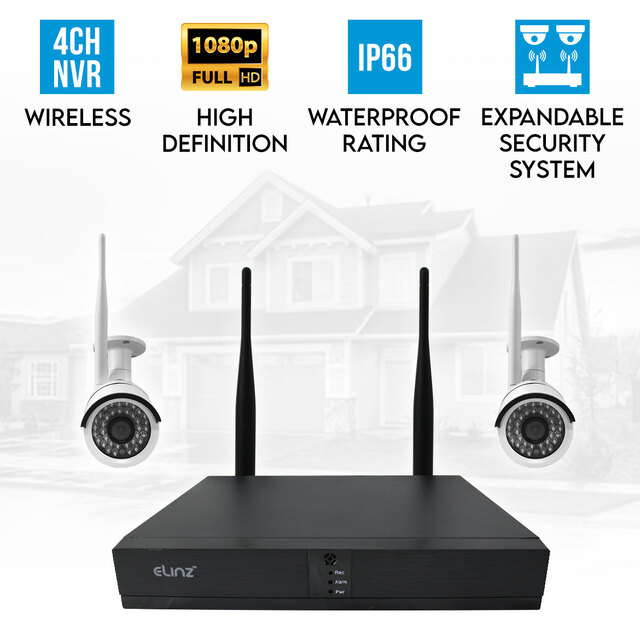 Elinz 4CH CCTV Wireless Security System 2MP 2x IP WiFi Camera 1080P NVR Outdoor No HDD