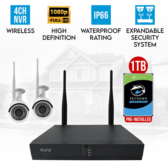 Elinz 4CH CCTV Wireless Security System 2MP IP WiFi 2x Camera 1080P NVR Outdoor 1TB H265