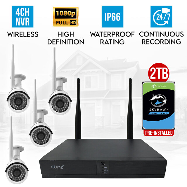 Elinz 4CH CCTV Wireless Security System 2MP IP WiFi 4x Camera 1080P NVR Outdoor 2TB H265