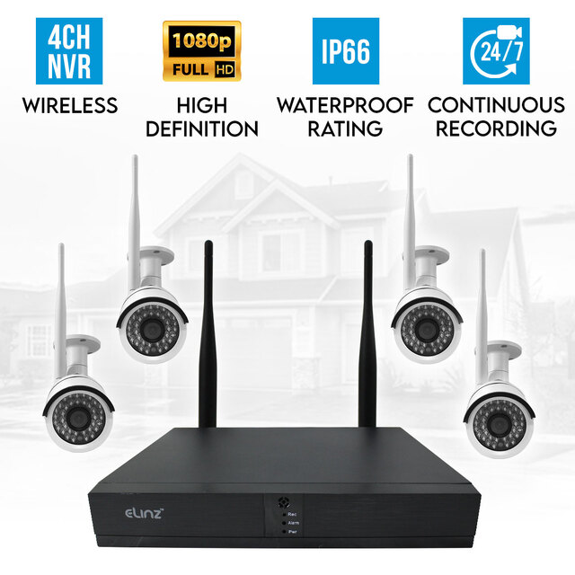 Elinz 4CH CCTV Wireless Security System 2MP IP WiFi 4x Camera 1080P NVR Outdoor NO HDD