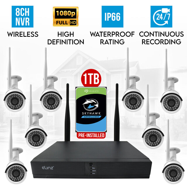 Elinz 8CH CCTV Wireless Security System 2MP IP WiFi 8x Camera 1080P NVR Outdoor 1TB H265