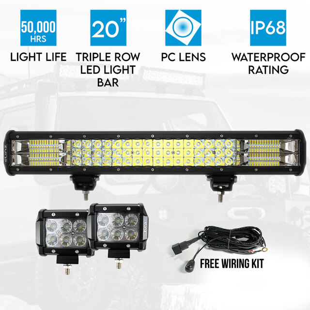 Elinz 20" LED Light Bar Philips 3 Rows bundle 2x 18W 4 inch CREE Worklight Driving