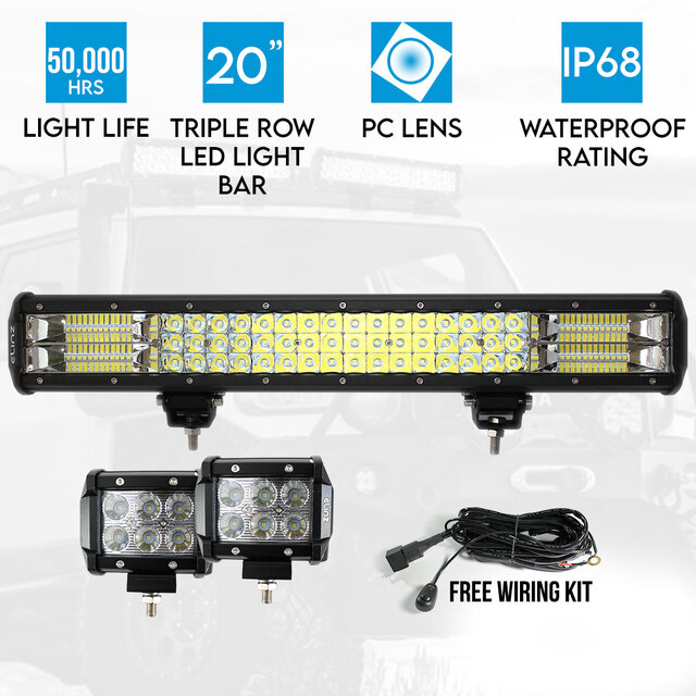 Elinz 20" LED Light Bar 3 Rows bundle 2x 18W 4 inch Worklight Driving