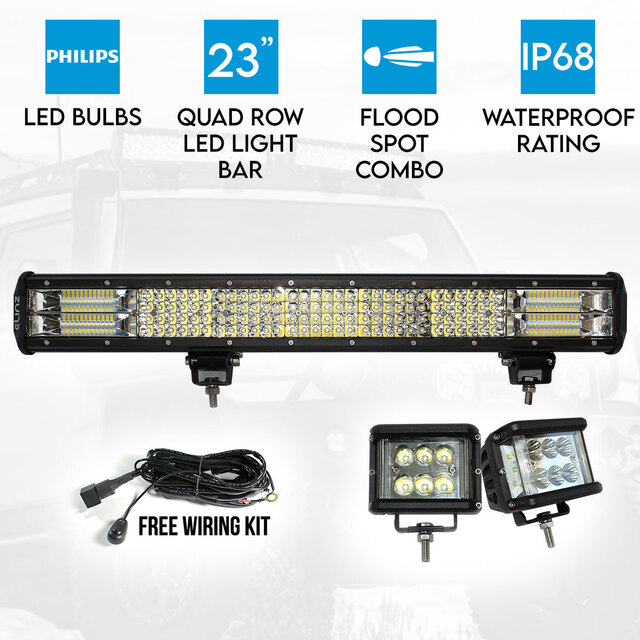 Elinz 23" LED Light Bar Philips 4 Rows Bundle 2x 60W Driving WorkLight Flood Spot Beam