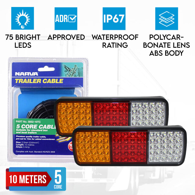 Elinz 2x LED Tail Lights Stop Reverse Turn Indicator 12V Caravan Truck 10M Narva 5 Core Trailer Cable