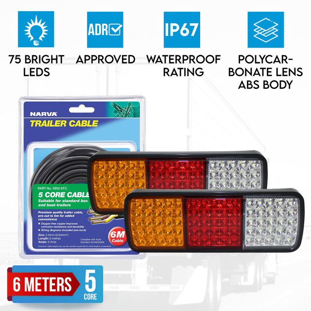 Elinz 2x LED Tail Lights Stop Reverse Turn Indicator 12V Trailer Caravan Truck 6M Narva 5 Core Trailer Cable