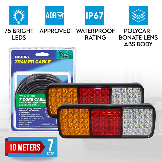 Elinz 2x LED Tail Lights Stop Reverse Turn Indicator 12V Caravan Truck 10M Narva 7 Core Trailer Cable