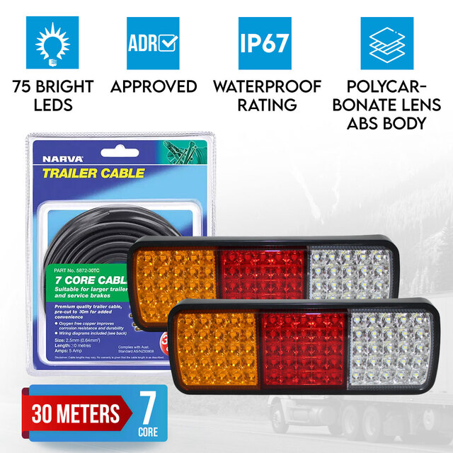 Elinz 2x LED Tail Lights Stop Reverse Turn Indicator 12V Caravan Truck 30M Narva 7 Core Trailer Cable