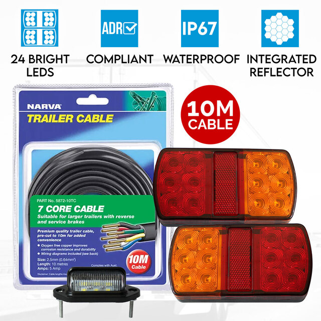 Elinz 2x LED Tail Lights Stop Turn Indicator Number Plate Light 12V Trailer Caravan 10M Narva 7 Core Trailer Cable