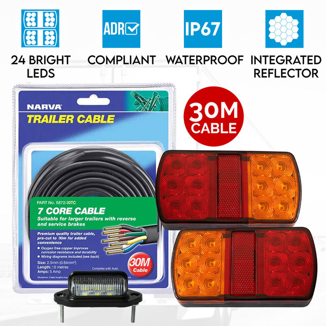 Elinz 2x LED Tail Lights Stop Turn Indicator Number Plate Light 12V Trailer Caravan 30M Narva 7 Core Trailer Cable