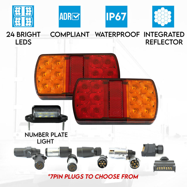 Elinz 2x Trailer Tail Lights Kit License Number Plate Light 12V 7PIN Plug