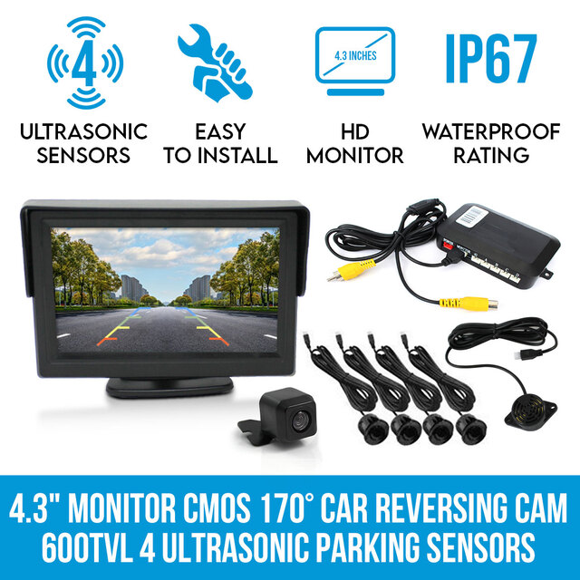 Elinz 4.3" Monitor CMOS 170° Car Reversing Camera 600TVL 4 Ultrasonic Parking Sensors