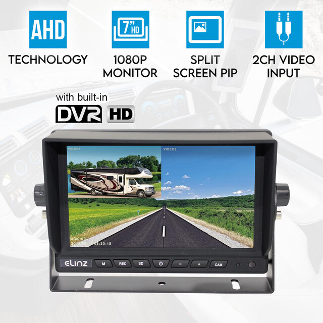 Elinz 7" 1080P AHD Splitscreen Monitor DVR 12V 24V Sunshade Truck Caravan