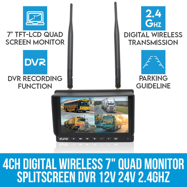 Elinz 4CH Digital Wireless 7" Quad Monitor Splitscreen DVR 12V 24V 2.4GHz