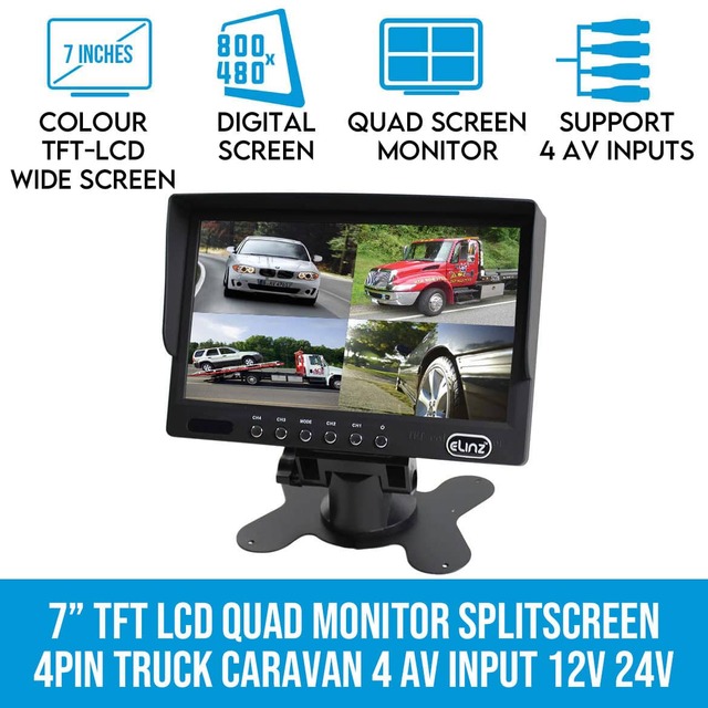 Elinz 7" TFT LCD Quad Monitor Splitscreen 4PIN Truck Caravan 4 AV Input 12V 24V