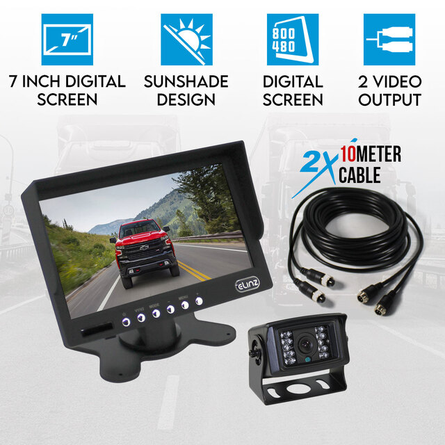 Elinz 7" LCD Monitor HD 12V/24V 4PIN IR Colour CCD Reversing Camera Rearview Built-in Mic